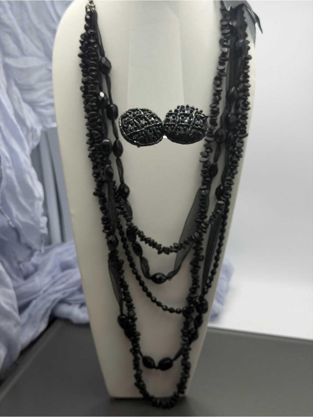 Vintage Black Multi-Strand Beaded Necklace and Clip-On Earrings